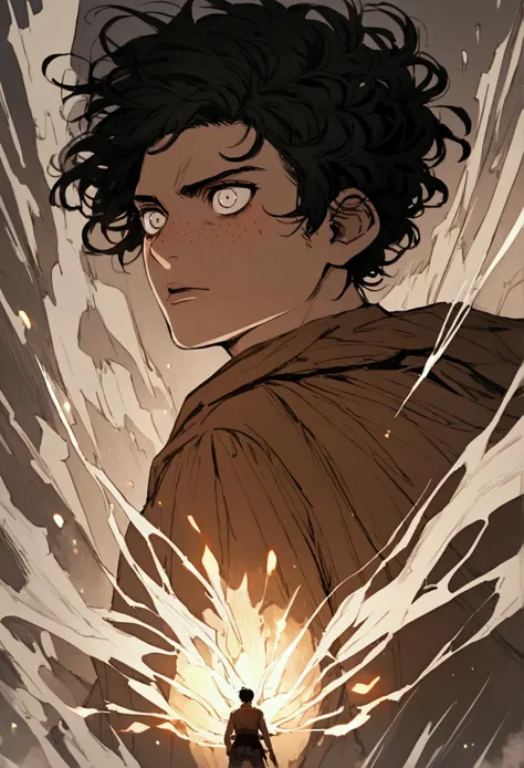 Boy with black hair and short black curly hair with freckles, attack on titan