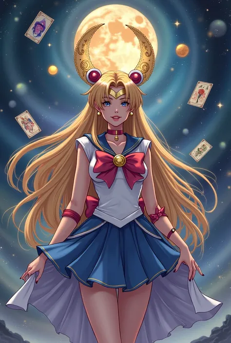 Create an image in the style of the anime sailor moon but tarot reader, esoteric and astrology and cute