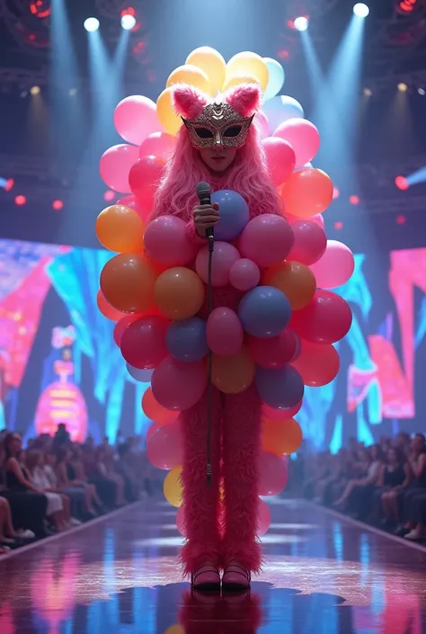 creating an image of a female singer wearing a "a bunch of balloons" mascot performing on The Masked Singer stage