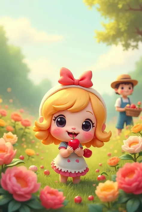 A very cute 2D cartoon character wearing bows in a flower field eating cherry with a gardener 