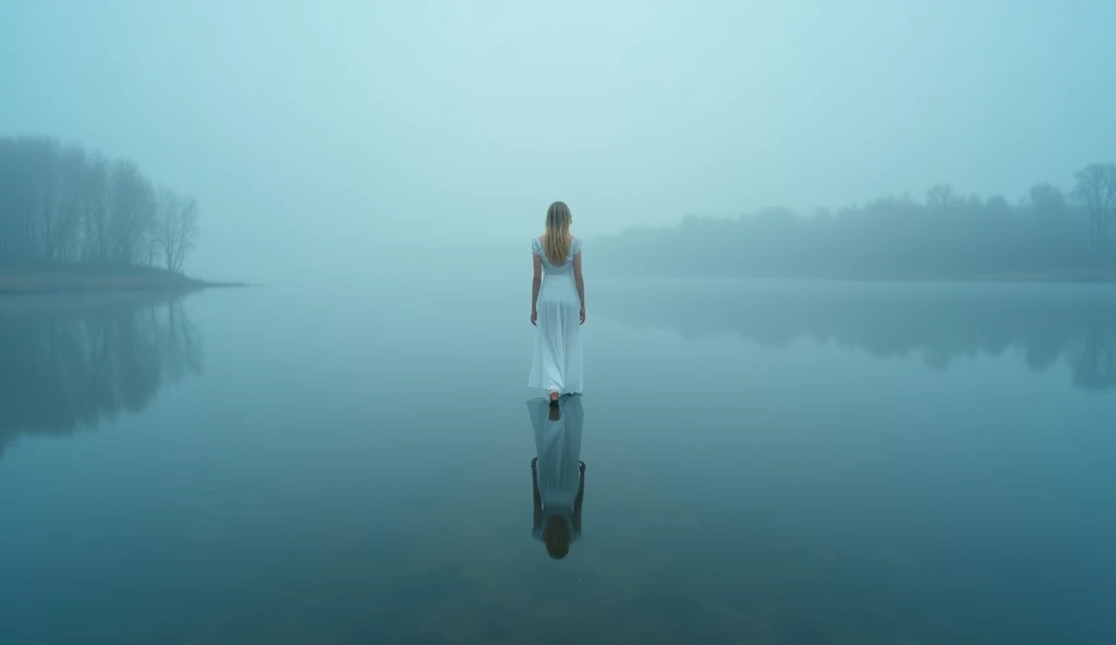 Photo of Russian woman walking on water, Wearing a sheer white dress, Her reflection shows a different version of herself, Wide Shot, Quiet, In the middle of a mirror-like lake、Surrounded by fog, Diffused moonlit lighting, Drone camera shot from above, In ...