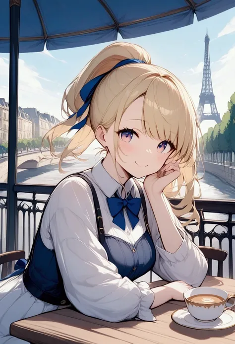 material、Thick paint、A happy face、Blonde、Long hair tied back、One Girl、Cafe、Teacup、Paris cityscape
