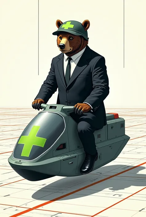 Bear dressed in black suit wearing a helmet with a green cross illustration style riding the BS-8800 risk matrix occupational safety probability and severity 