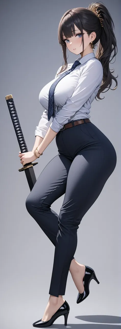 ((masterpiece)), ((high quality)),((ultra-detailed)), ((extremely detailed)),4K,8K, wearing navy pants suit, 2, in Office Suit, Office pants,very tall girl with a perfect big butt, 1girl, little big ass, tight suit,big breasts, Roll up sleeves ,black hair,...