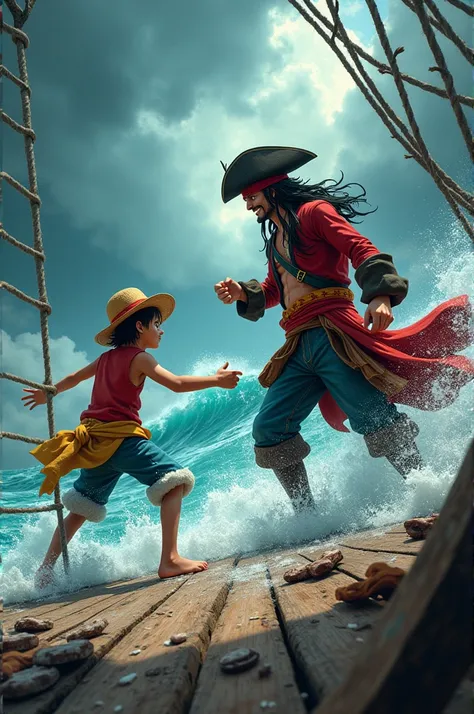 Crie uma imagem com Jack sparrow, Luffy 