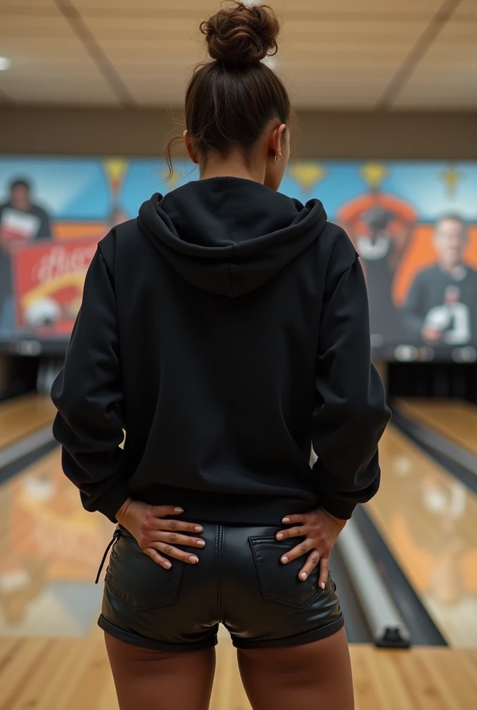 old ugly woman pulling down the black womans shorts, black woman has a hair bun, black hoodie and black leather short shorts   in a bowling alley