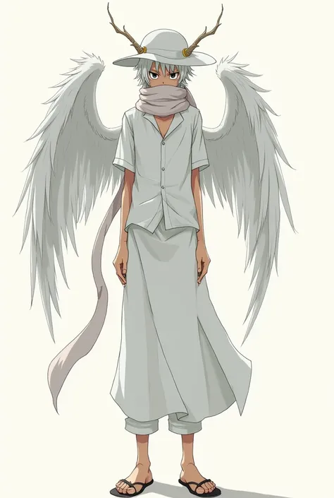 One piece style drawing of a tall, thin boy, with white hair, white wide-brimmed hat, white demonic horns, white angel wings, white long-sleeved unbuttoned button-down shirt, White pants and a long scarf covering his mouth. 