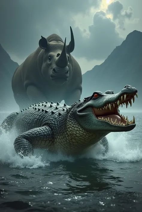 Giant crocodile and big face of Rinho river site with a dark, stormy sky and ominous mountains in the background, emphasizing the ferocity of the moment