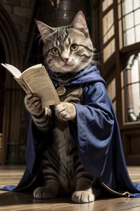 A cat dressed as a wizard at Hogwarts