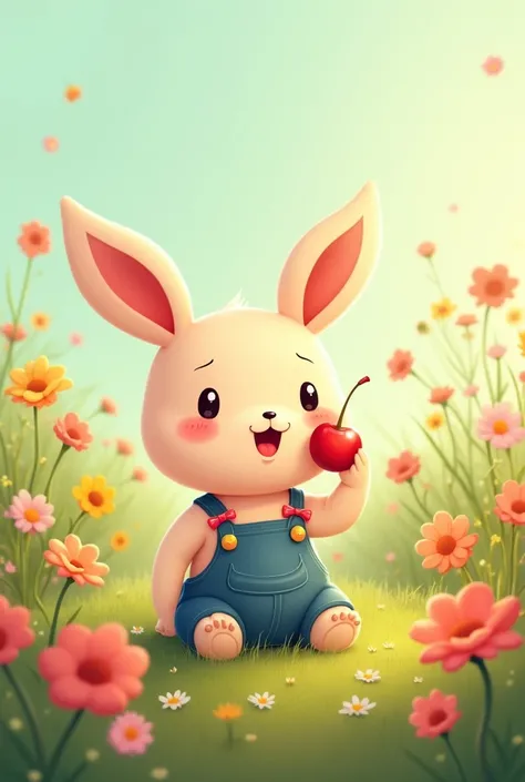 A very cute 2D cartoon character, wearing bows and overalls, eating cherries in a field of flowers . 