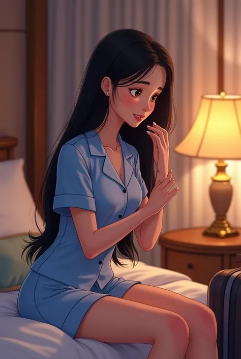 Girl in her late 20’s, very long straight black hair, wearing blue silk short and light blue silk buttoned top short sleeve pajamas at cruise ship room doing skin care. Luggage in the background. Pixar cartoon 