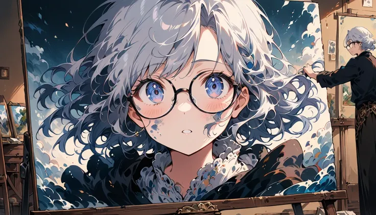 (One girl, Wearing glasses, face), アーティストはスタジオで円形の金属フレームのWearing glasses。, Carefully adjust the colors on the canvas. The edges of the glasses are a little dirty with paint., The background is the canvas and the painting tool, whole body, (photograph), Pan...