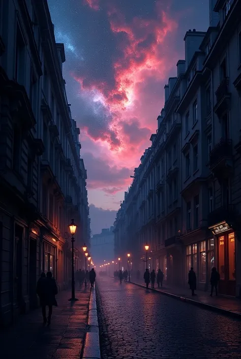 Rue d’Amsterdam avec le ciel noir avec une nébuleuse coloré 