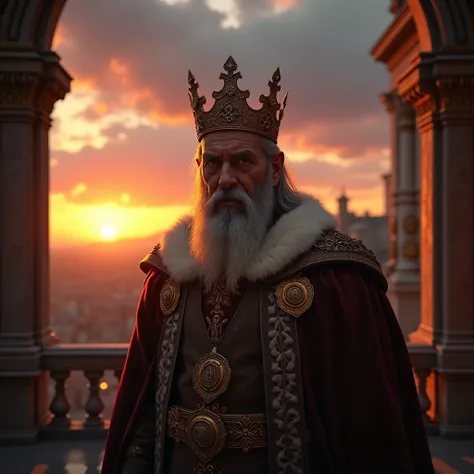 a king looking at the camera, at sunset, cinematic