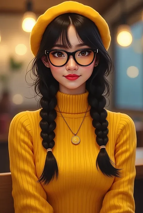 a cg young woman with long, dark hair styled in two braids. She is wearing a bright yellow, ribbed sweater that has a high neckline, which complements her outfit. On her head, she has a matching yellow beret. Her large, expressive eyes are accentuated by t...