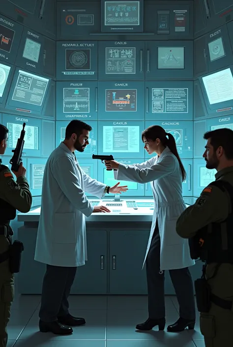 A room with screens and control panels with the scientist Morales standing clicking the keys. Scientist Yesica pointing a gun at Morales. and some soldiers accompanying her. all this in a laboratory room 