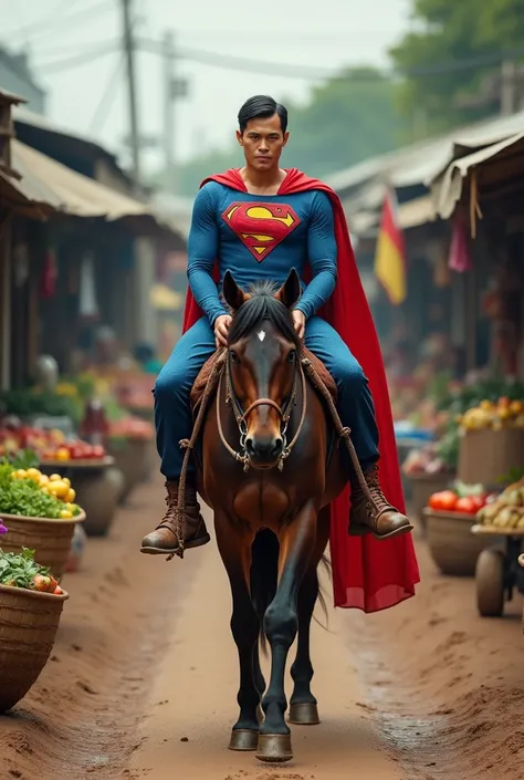 (photorealism 1:2) a Thai man wearing superman costume, is riding a horse, behind him basket containing vegetables and fruit, muddy road background, traditional market, photography, best color, masterpice, 16k resolution, detailled.