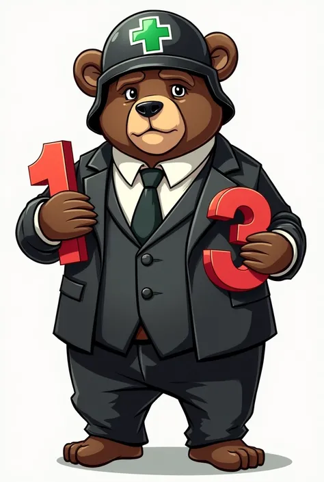 Bear dressed in black suit wearing a helmet with a green cross illustrative style holding the number one and three 