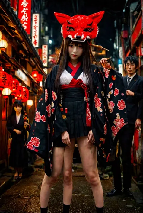 Multiple people、A scene from a movie、photograph、Real、8k、Kabukicho at night、Red Light District、torii、Japan、Grotesque fox mask、Beautiful woman with long hair、Japan学校の制服、blunt bangs、The Hyakki Yakou is standing with his legs apart, wearing a tattered black ki...