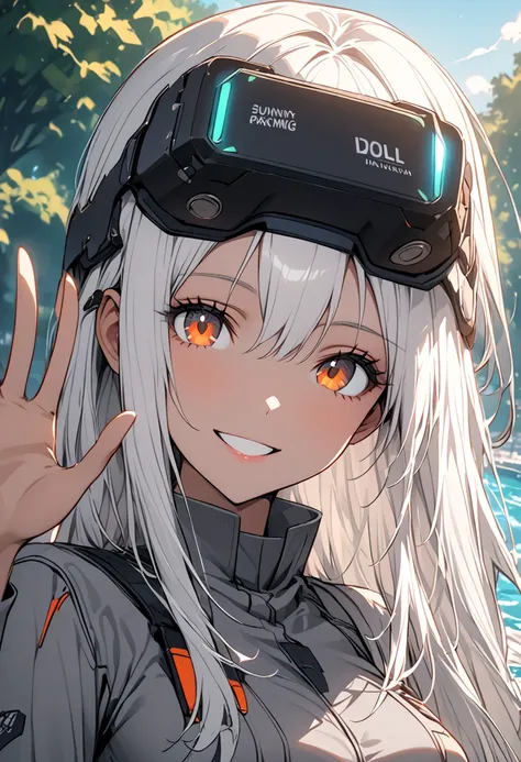 idoll ocean, solo, female, long white hair, straight hair, head mounted display, grey uniform, grey bodysuit, park, smile, waving, medium breasts, sunny, close up, light skin, slender