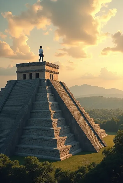 The pyramid of Teotihuacan, with a person above, dressed in a white shirt and navy blue pants