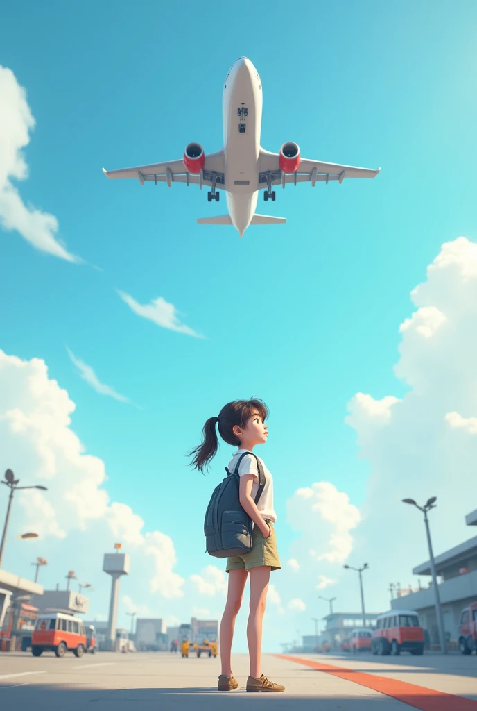 A cute girl standing underneath a plane after takeoff 