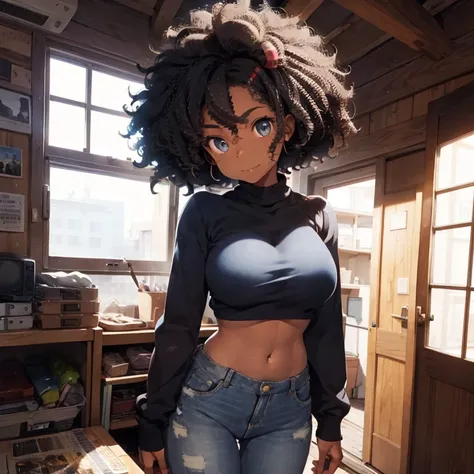 2 female, afro hair, black afro hair black girl afro hair, darker skin, brown skin, huge breast, thick legs, light blue eyes, pink sweater, blue jean, long jean, belly button long shirt, boots, home, bedroom, happy face, hip hop CD, hip hop stuff
