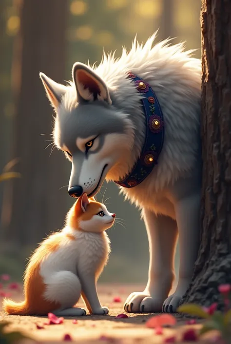 A gray and white fur wolf next to a white and brown fur stray cat entering together and in love kissing, Only the little wolf wears a dark blue and purple collar