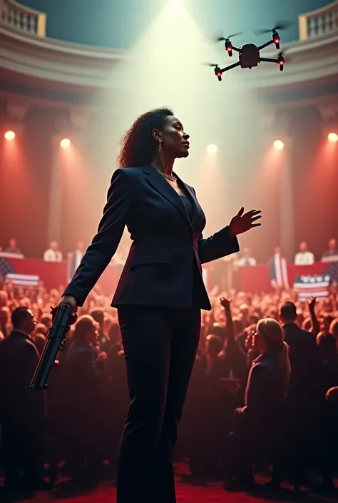 A black female presidential candidate giving a rally behind bulletproof glass holding a gun at her side with security details surrounding her as a drone hovers overhead