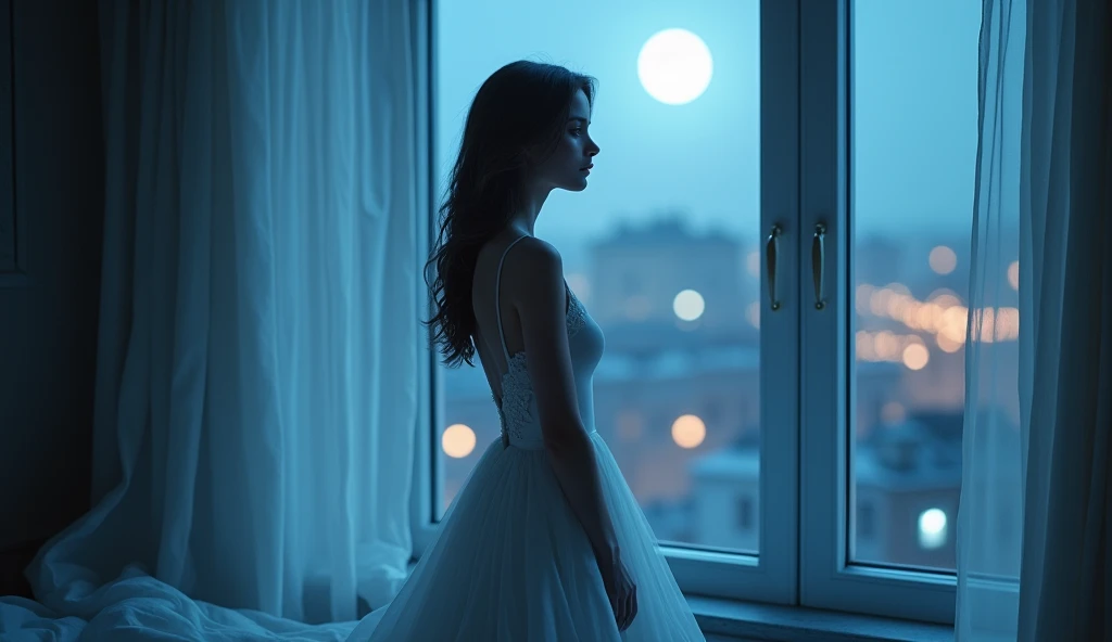 a Russian Girl in white long dress, Body Fit Dress, The light was poured on the girl in the shadows、, side, The quality of the details is excellent、, With the night view from the large window in the room as a background、. Soft blue Light、.