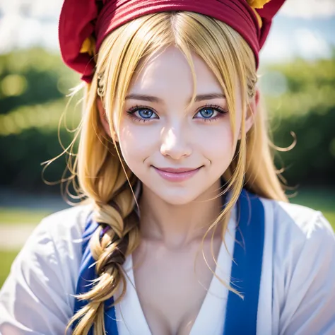 masterpiece, Best Quality, Best Quality, (Complex and detailed:1.2), Beautiful Eyes, One girl, Alone, Outdoor, blue sky, cloudy, Bokeh, Lens Flare, anamorphic Lens Flare, Depth of written boundary, Fascinating face, Captivating smile, {{heanna_violet, Yell...