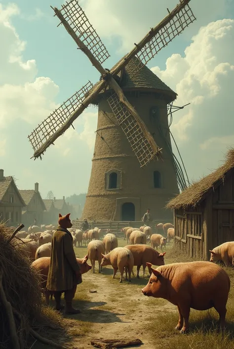  Generate a picture of this summary from the book animal farm, " Windmill Construction: Napoleon orders the windmills construction, convincing the animals it was his plan all along, as they work out of loyalty and hope."