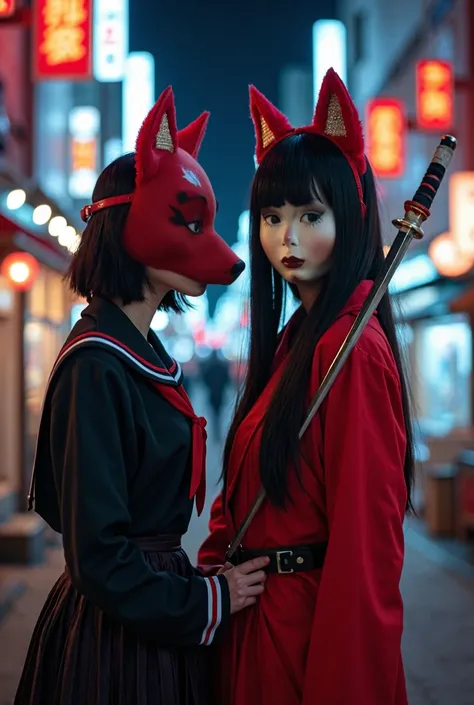 Multiple people、A scene from a movie、photograph、Real、8k、Kabukicho at night、Red Light District、torii、Japan、Fox Mask、髪の長い美しいFox Maskをかぶってる女性、blunt bangs、黒いボロボロの女子高生がFox Maskを付けて制服を着ている、Japan刀を持っている