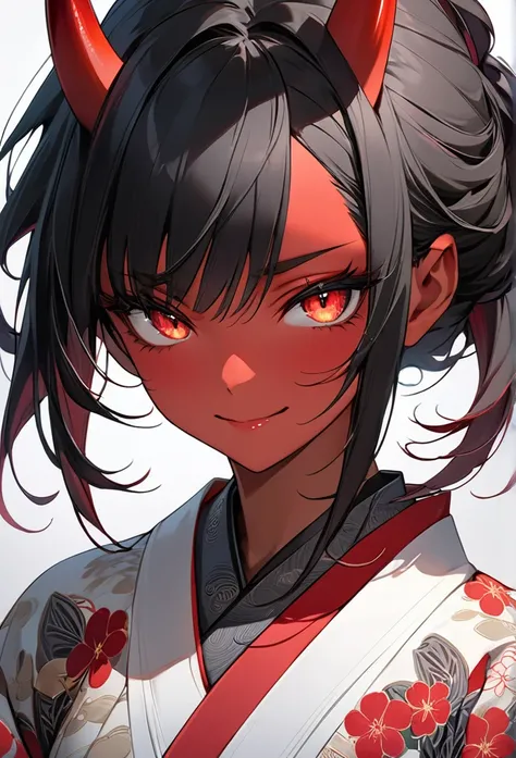 Upper body close-up（((masterpiece), on)"Create a high-resolution illustration of a Red Oni Girl, focusing on her expression. Her face conveys strength and elegance, with a confident smile that stands out against her deep crimson skin. Her eyes glow softly,...