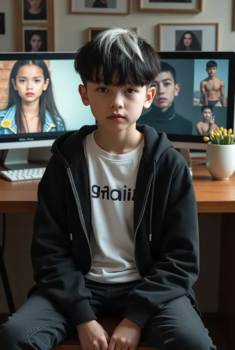 Realistic photography, A  boy, Genius child, Black hair turning white, Short undercut hair Wearing a white t-shirt that says "Shadie". Wearing a black hoodie, black jeans, hiking sandals,Sitting in the Editors room, The Slim monitor screen is visible, on t...