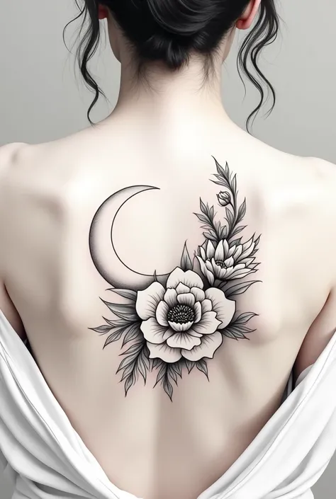 The sketch of a tattoo for the back that had details such as the moon and flowers, that it is traditional and feminine style and that it does not have shadows