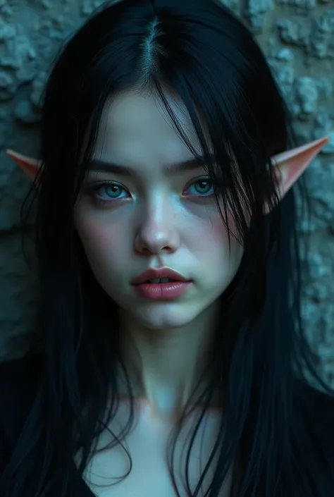 4k, realistic, Photography, high detailed, portrait of a beautiful woman with elf ears, black hair, sleepy eyes, slightly black lipstick,black hair,with facial details,wearing a black robe, rock wall background , gloomy blue mood