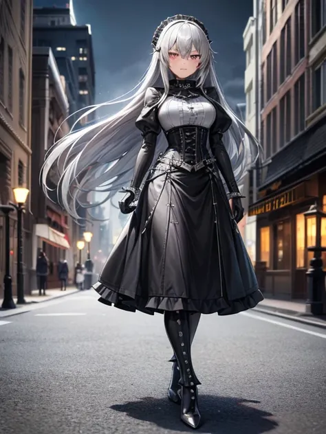 ((best quality)), ((masterpiece)), (detailed), 1 girl, Full body, 1, Depressed face, Silver eyes, Gray zippered hood, Blushing, Silver hair, Straight hair, long hair, ahoge, Bangs, Lock of hair covering right eye, Full body, Medium breasts, Slim body, Meta...