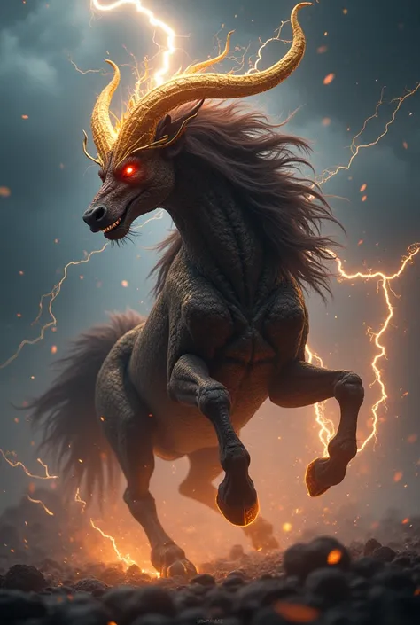 Best Quality, masterpiece, Lightning flashes abundantly in the dark sky.,Enraged Kirin,The body is covered with bronze-colored scales.,Golden Horns,Dark brown mane,Pitch black hoof,Wear the current of lightning,Red eyes warn of danger,Accurate, realism, hi...