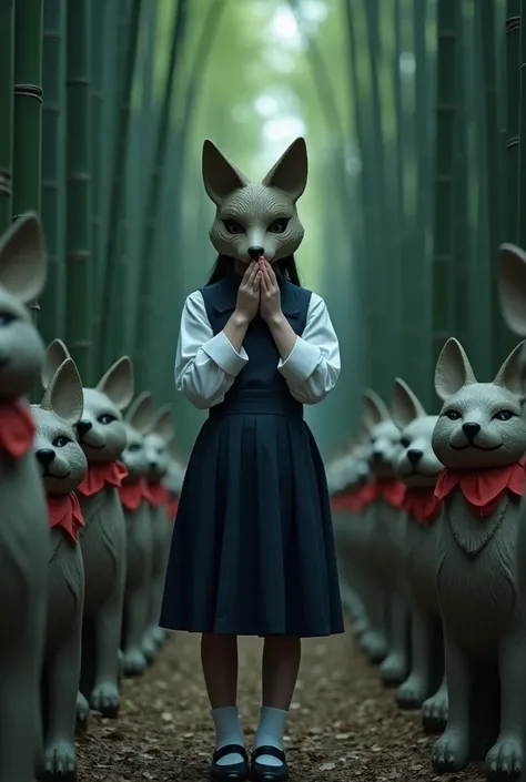 Multiple people、A scene from a movie、photograph、Real、8k、bamboo forest、A mysterious young girl dressed in a traditional Japanese sailor school uniform, standing in a forest surrounded by numerous stone fox statues adorned with red bibs. The girl is wearing ...