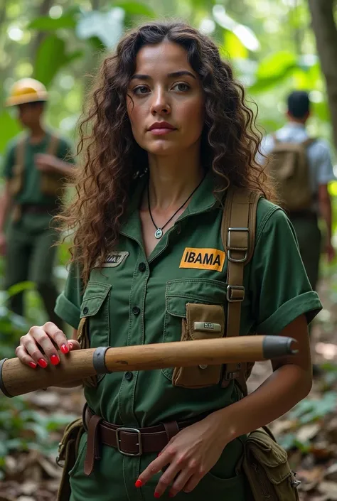 A woman in environmental licensing clothing, very long and curly hair, thick legs, showing distance from head to toe. Your face is a little , round cheeks and slanted eyes, your skin is slightly light.  Medium and red nails.
In a project in the Amazon work...