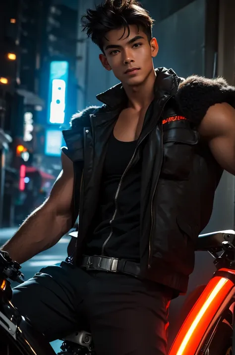 (absurdres, highres, extremely detailed, ultra high definition, masterpiece), the neon street racer: a tall, muscular man leans ...