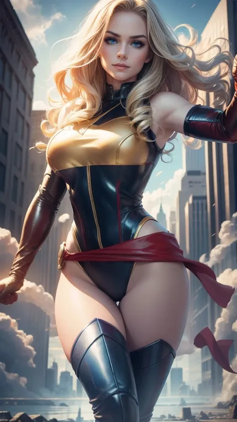 Carol Danvers da Marvel,(best qualityer,4K,8k,high resolution,work of art:1.2)(weather: cloudy), new york background, city ruins, wide hips, long curly hair, blonde hair, sleeveless leotard, arm long gloves , red belt, thigh high boots, light makeup, heroi...