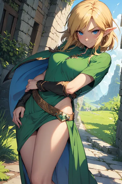 ((Full-length)), ((uncropped)), professional art commission, genderbent (Link from Legend of Zelda), thick arched eyebrows, big pointy nose, messy short blonde hair, sly smile, extremely detailed blue eyes, (blushing cheeks), broad shoulders, ((flat cheste...