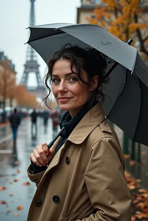 French street, Paris, Eiffel tower, fall season, fall foliage colors, dead leaves, gorgeous mature French woman, brunette, green eyes, messy bun, wrapped in a trench coat, holding an umbrella, (((heavy rain))), wet clothes, wet hair, (loving gaze), smile