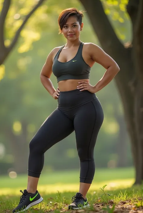 
A beautiful pinay, short hair, wear tight sport polyster wear, big and droopies breast, long tight sport pants, nike running shoes, at the park in the morning, stretching her leg and body, look at thr viewer,