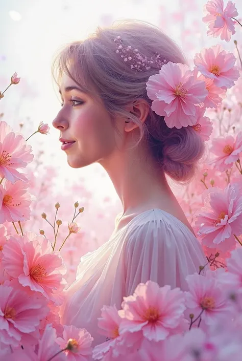 1girl,flower, Lisianthus ,in the style of light pink and light azure, dreamy and romantic compositions, pale pink, ethereal foliage, playful arrangements,fantasy, high contrast, ink strokes, explosions, over exposure, purple and red tone impression , abstr...