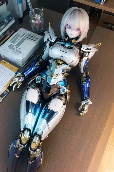 (SFW:2), photorealistic, realistic photo, 8k, ((highest quality)), ((masterpiece)), (extremely detailed), kukolnydom, doll, mecha musume, mechanical parts, robot joints, head gear, bodysuit, (from above, mature woman, 21yo, 2, solo:1.6), (lying on ones bac...