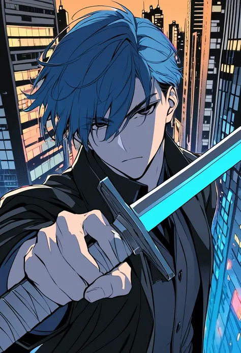 masterpiece,flat coloring,1male,adult,handsome,solo,very short hair,straight hair,blue hair,black eyes,upper body,looking at viewer,black long coat,Single-edged straight sword,city