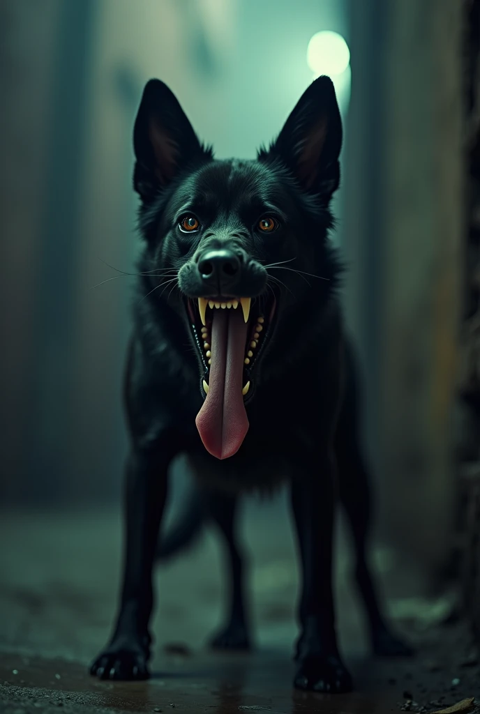 black stray, aggressive lookTongue Out, Saliva, Fangs, Glaring, Hasselblad, F/2.8, Mask, Cinematic Lighting, Behance, 